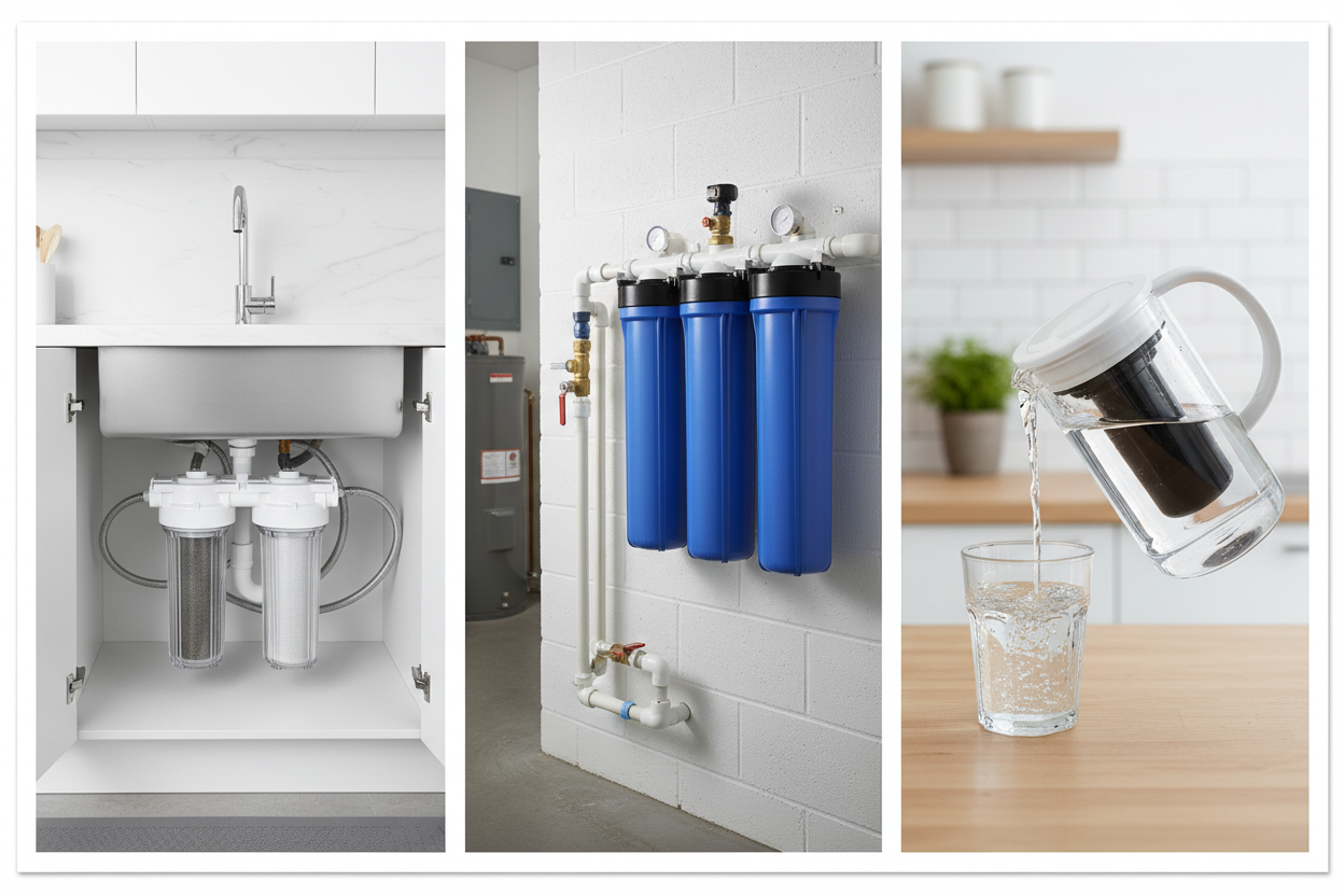1 row 3 image collage of water filter system 